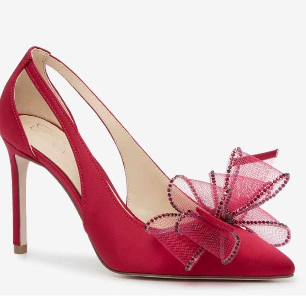 Jessica Simpson Coirah Pump Red Satin 7 Pointed Toe High Heel Bow RRP $69.99 NWT